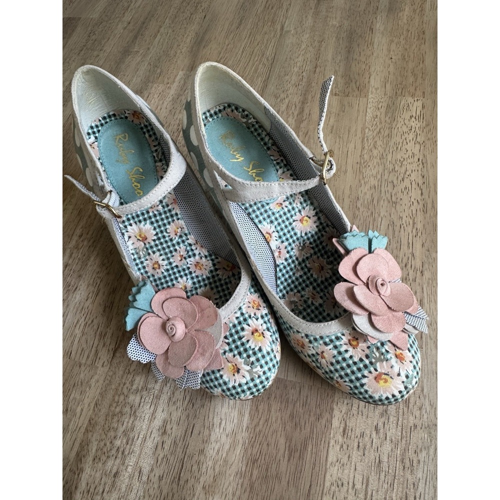 Shooby Shoo Heels Pumps Artsy Floral 37 5.5 Gingham Strappy Mary Jane Rockabilly
